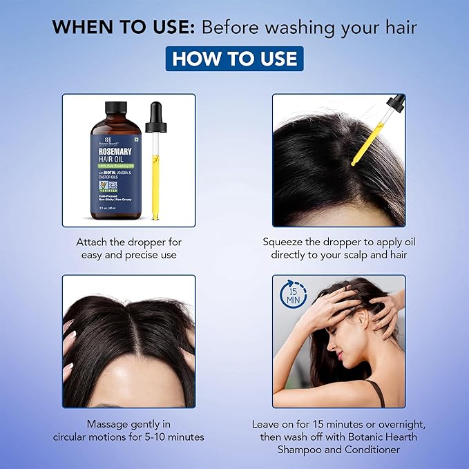 Botanic Hearth 100% Pure Rosemary Oil For Hair Growth Infused With Biotin, Jojoba & Castor Oil | Hair Oil Repairs Dry Damaged Hair, Strengthening, Healthier - Hair Tonic, 2.0 fl oz