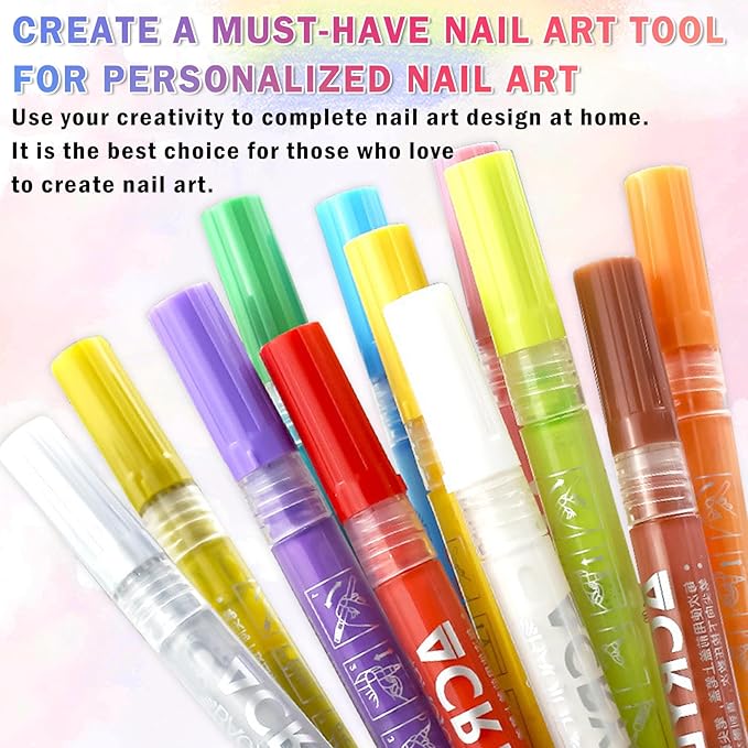 12 Colors Nail Art Pens Set Nail Polish Pens Nail Art Drawing Pen Quick Dry Waterproof Nail Art Painting Pens kit for Home DIY Nail Art Design