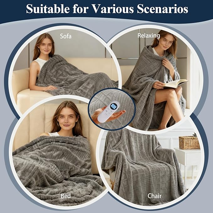 Heated Blanket Electric Throw, 50"X60" Heating Blanket Waffle with 12 Heat Levels, Fast Heating Blanket with 1-12 Timer, Overheat Protection with ETL & FCC for Bed Home Office Sofa (Light Gray）
