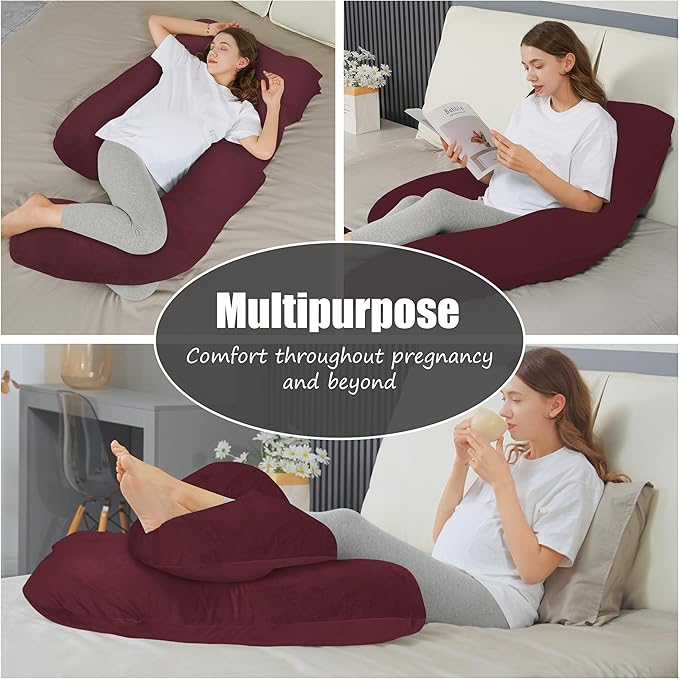 HIPHOP PANDA U-Shaped Pregnancy Pillow for Sleeping - Full Body Maternity Support Pillow with Cooling Removable Cover - Comfort for Back, HIPS, Legs, Belly - 57 Inch for Pregnant Women, Burgundy