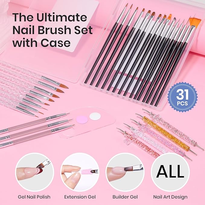 Beetles Nail Art Brushes 31pcs with Case - Confetti Nail Art Pens Daul Ended Dotting Tools Striping Liner Brushes for Nails 3D Flower Sculpting Tools Palette Holder DIY Home Salon Manicure Design Set