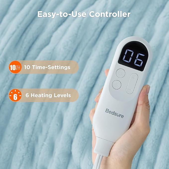 Bedsure Electric Blanket Twin - Thick Striped Flannel Electric Blanket, Heating with 10 Time Settings, 6 Heat Settings, and 8-Hour Timer Auto Shut Off, Gifts for Grandma (62x84 inches, Light Blue)