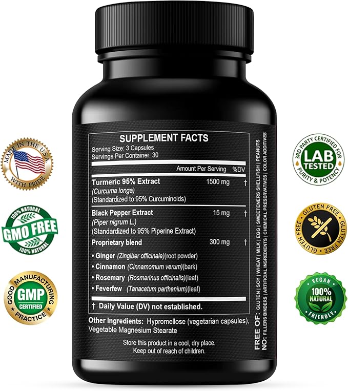 Turmeric Curcumin Extract 1500mg – Full Dose of 95% Curcuminoids with Black Pepper Ginger & Cinnamon – High Absorption Turmeric Supplement – Non-GMO Natural Capsules