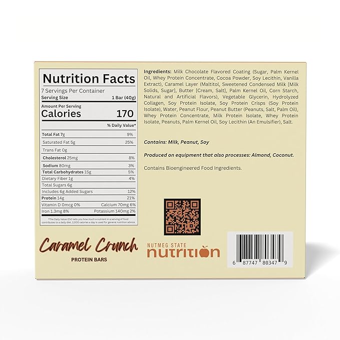 FITWISE - High Protein Layer Bars, 15g Protein, Low Calorie, Low Fat, Low Cholesterol, Aspartame Free, Vegetarian Breakfast Snack Bar, 7 Servings Per Box (Caramel Crunch)