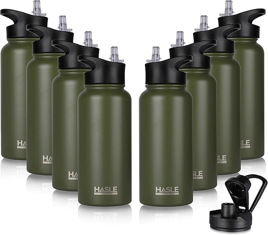 HASLE OUTFITTERS 32 oz Insulated Water Bottle Stainless Steel Double Walled Vacuum Sports Water Bottle with 2 Lids (Straw and Spout Lid) for Gym Camping Hiking(Army Green,8)