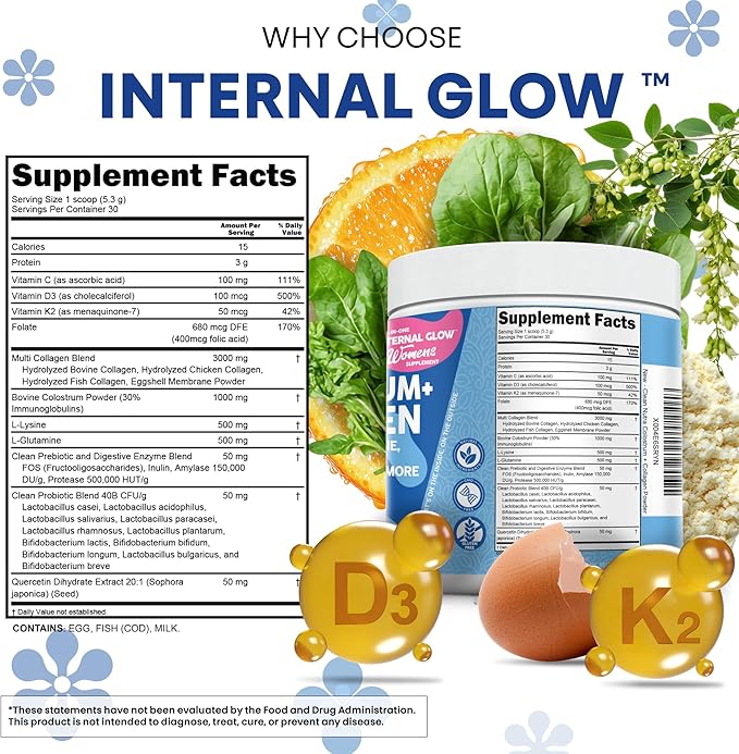 Bovine Colostrum Powder + Collagen Peptides with L-Glutamine L-Lysine Prebiotics Probiotics Digestive Enzymes Vitamin D K2 C Quercetin & Folate | Gut Health Supplement Internal Glow by Clean Nutra