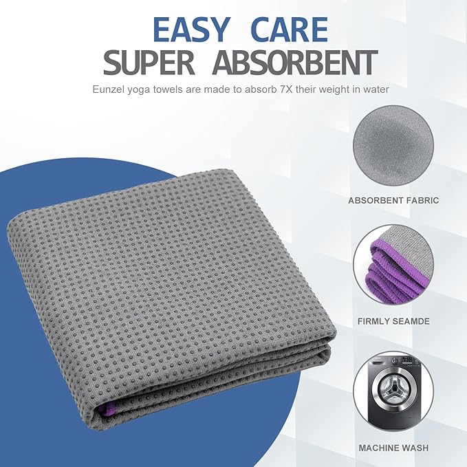 Eunzel Hot Yoga Towel - Microfiber Non Slip Yoga Mat Towel with Grip Dot Sweat Absorbent Towel for Hot Yoga, Pilates and Fitness 72" x 24", Dark Grey/Purple