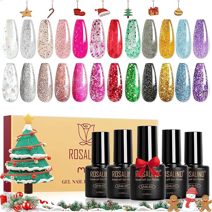 ROSALIND Glitter Christmas Gel Nail Polish, 12 Colors Red Sparkle Green Glitter Gold Silver Gel Polish Sparkly Hot Pink Winter Nail Polish Collection for Nail Art Gift Need UV Curing