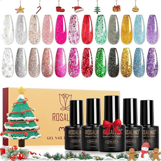 ROSALIND Glitter Christmas Gel Nail Polish, 12 Colors Red Sparkle Green Glitter Gold Silver Gel Polish Sparkly Hot Pink Winter Nail Polish Collection for Nail Art Gift Need UV Curing