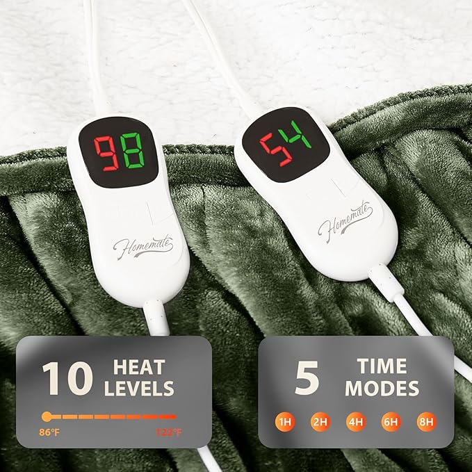 Homemate Electric Heated Blanket Queen - 84"x90" Heating Bed Blankets Throw with 10 Heating Levels 8 Hours Auto Off Fast Heating Over-Heated Protection Ultra Soft Warm Flannel ETL Certified Green