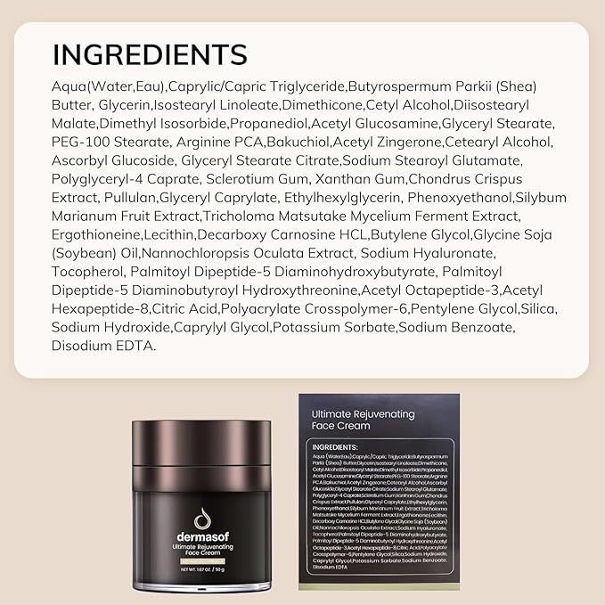 Dermasof Ultimate Rejuvenating Moisturizer Face Cream with Hyaluronic Acid & Bakuchiol, Anti Aging, Anti Wrinkle, Antioxidant, Anti Glycation,Firming and Elasticity, Barrier Repair, 1.67 Fl Oz
