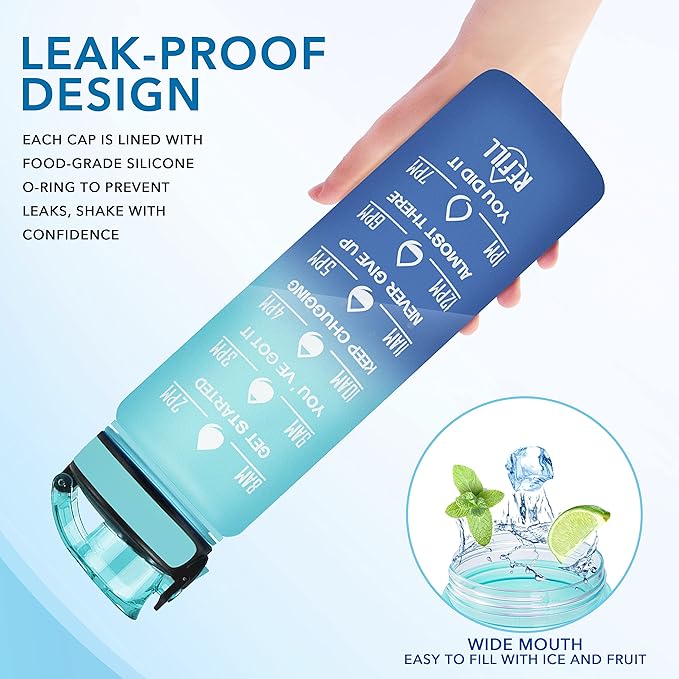 Enerbone Water Bottle, Leakproof BPA & Toxic Free, Motivational Water Bottle with Times to Drink and Straw, Fitness Sports Water Bottle with Strap for Office, Gym, Outdoor Sports