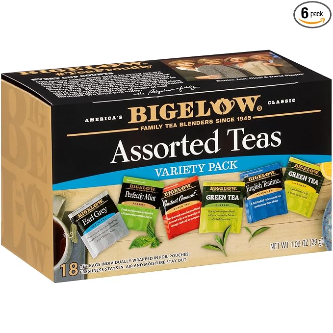 Bigelow Tea Collection Black & Green Teabags Box, Caffeinated, Packaging & Flavor Assortment May Vary, Assorted, 18 Count, Pack of 6