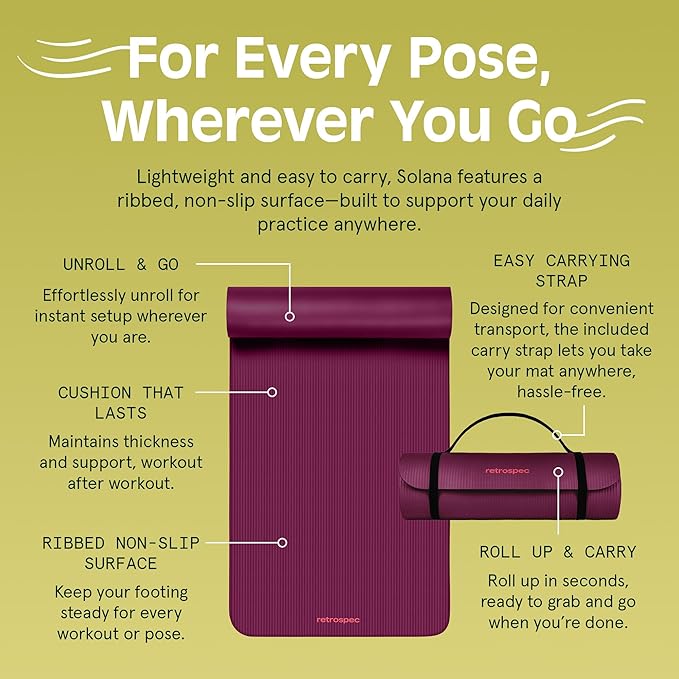 Retrospec Solana Yoga Mat 1" Thick With Nylon Strap For Men & Women - Non Slip Exercise Mat For Home Yoga, Pilates, Stretching, Floor & Fitness Workouts