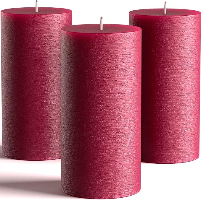 Set of 3 Pillar Candles 3" x 6" Unscented Handpoured Weddings, Home Decoration, Restaurants, Spa, Church Smokeless Cotton Wick - Burgundy