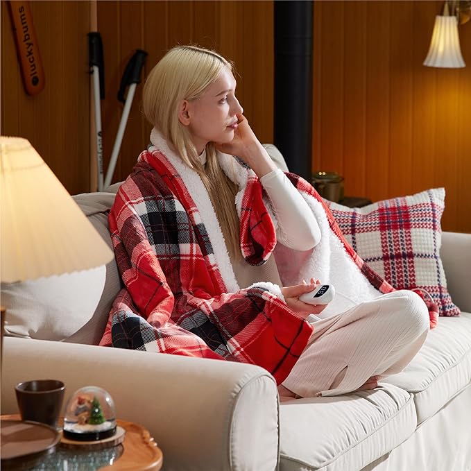 Bedsure Plaid Heated Throw Blanket - Flannel Sherpa Electric Blanket with Red Plaid Pattern, Warm for Grandma, Heating with 6 Heating Levels, 4 Time Settings, 3-Hour Auto-Off (50"x60")
