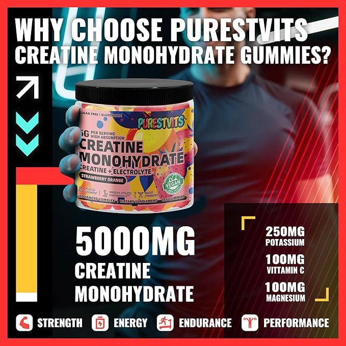 Creatine Monohydrate Gummies (5g) – Pre-Workout Energy & Muscle Growth Support for Men & Women | Strawberry Orange Electrolyte Gummies (135 Count)