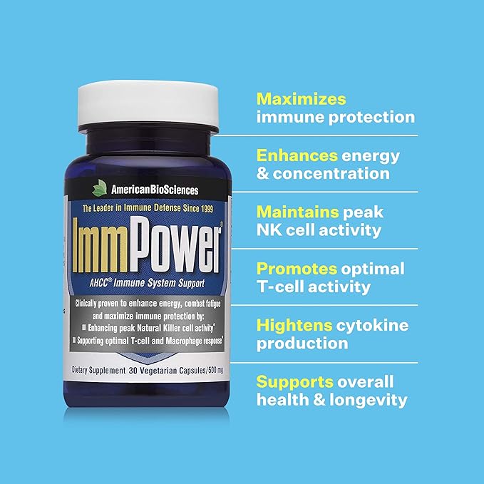 American BioSciences ImmPower AHCC Supplement, Vegetarian Capsules, Enhanced Immune Support, Natural Killer Cell Activity and Cytokine Production, 500 milligrams per Capsule (30 Count)