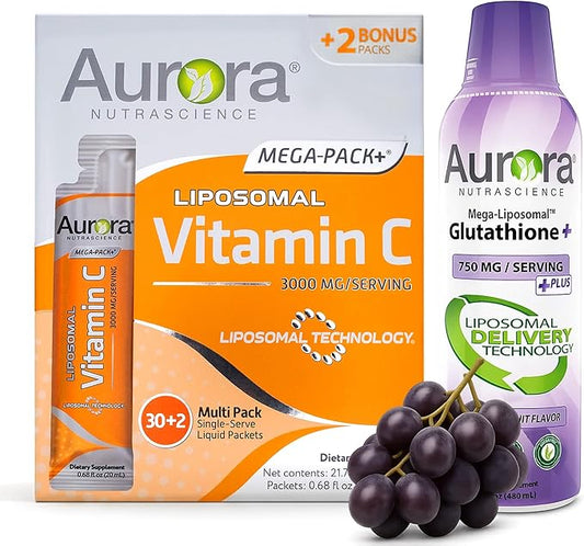 Aurora Nutrascience Mega Liposomal Glutathione, 750 mg, and Vitamin C, 3,000 mg, Immune Support and Antioxidant Bundle