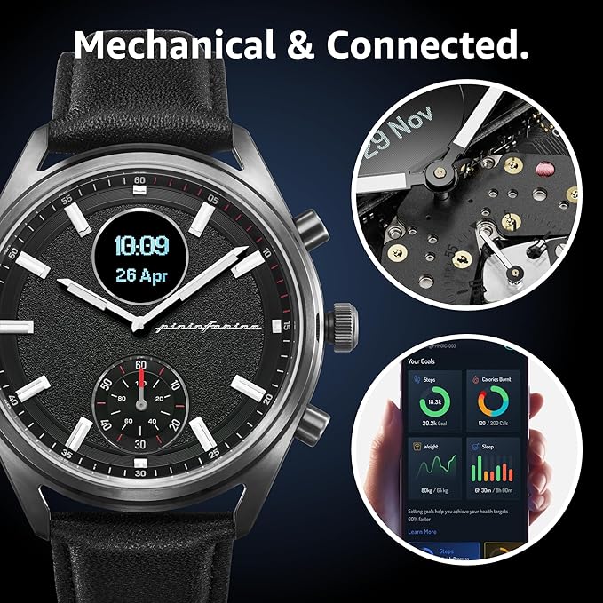 pininfarina Hybrid Sintesi Smart Watch, Heart Rate Monitoring, Fitness Tracker, Genuine Leather Strap, Sleep Monitoring, GPS Tracker, 30-Day Battery Life, Android & Apple Compatible