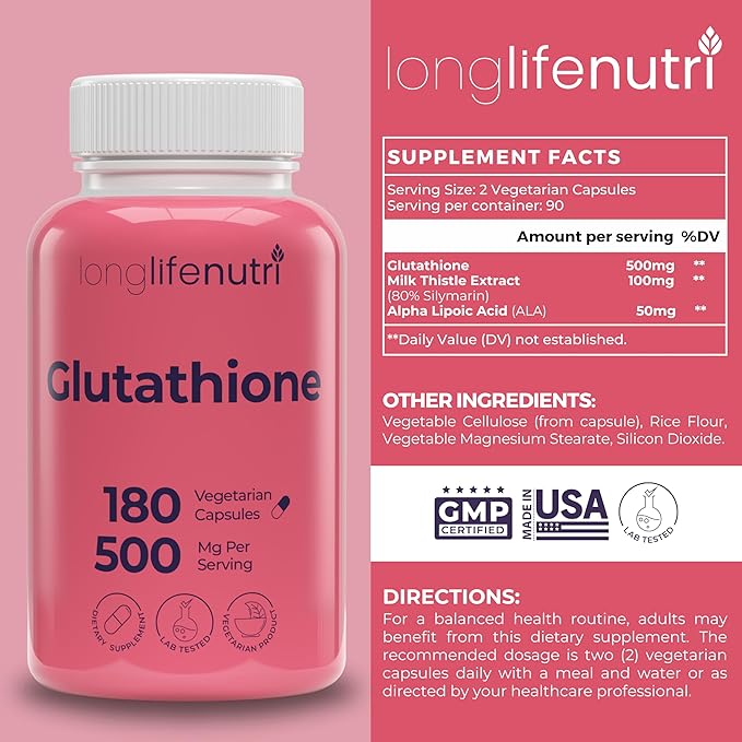 LongLifeNutri Reduced Glutathione 500mg – with White Milk Thistle and Alpha Lipoic Acid, 180 Vegetarian Capsules, Natural Antioxidant, 3-Month Supply, GMP Certified, Made in USA