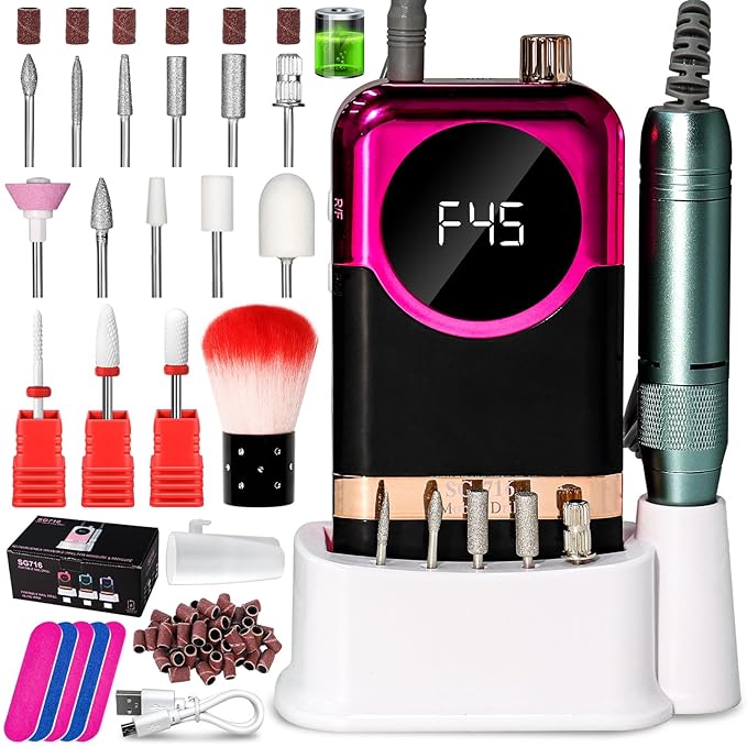 LIMEGIRL Professional Electric Nail Drill Kit 45000RPM Portable Cordless Toenail Cordless Toenail Machine with 14 Drill Bits and Base for Women(Rose Red)