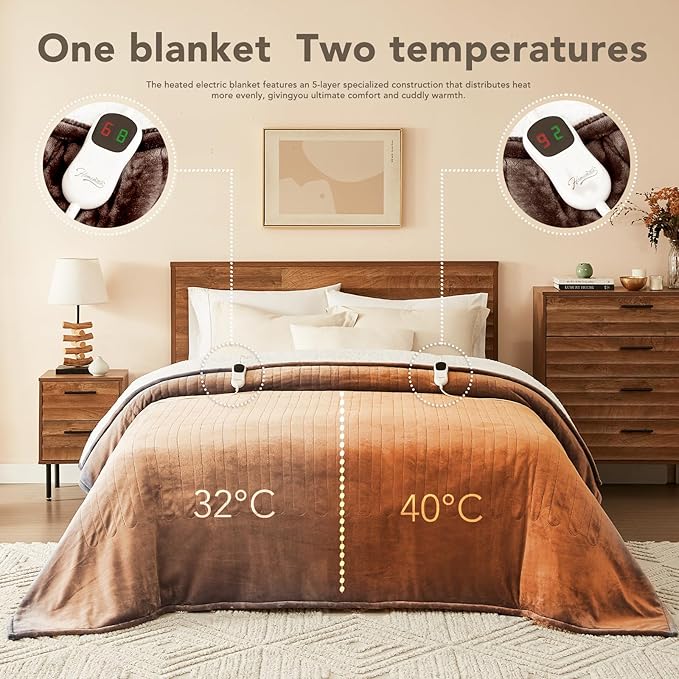 Homemate Electric Heated Blanket King - 100"x90" Heating Bed Blankets Throw with 10 Heating Levels 8 Hours Auto Off Fast Heating Over-Heated Protection Ultra Soft Warm Flannel ETL Certified Brown
