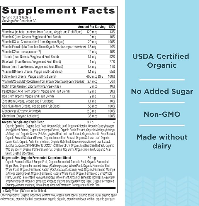 Ancient Nutrition Supergreens Multivitamin Tablets, Organic Superfood Powder with Multivitamins Made from Real Fruits, Vegetables and Herbs, for Digestive and Energy Support, 90 Count