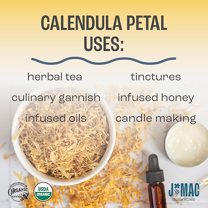 J Mac Botanicals, Organic Calendula Petals (4 oz) edible dried flowers, pairs well with rose petal for ice cubes, cooking, beverages, and bath bombs