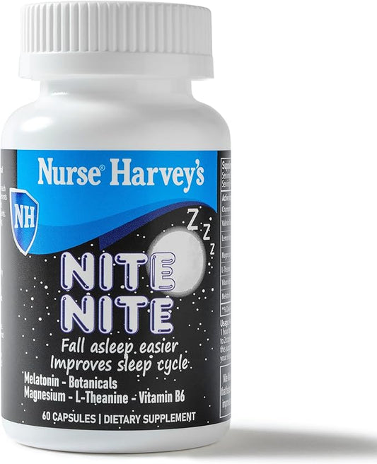 Nurse Harvey's Nite Nite Adult Sleep Capsules with 3mg Melatonin, Magnesium Bisglycinate, Vitamin B6, Natural Sleep Aid for Adults – 60 Vegan Capsules for Improved Sleep Cycle & Quality