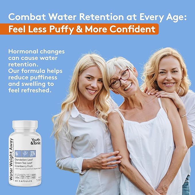 Youth & Tonic Natural Water Weight Away – Herbal Diuretic Pills for Bloating, Water Retention & Swelling Support for Women & Men – 60 Caps with Dandelion, Potassium, Green Tea & Apple Cider Vinegar