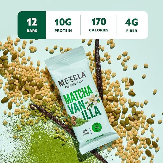 Mezcla Puff Crispy Protein Bars, Gluten Free & Vegan Protein Bars, 10g Protein, Alt for Crispy Rice Treat, Granola Bars & Breakfast Bars, Healthy Snacks for Adults, Matcha Vanilla, 12 Pack