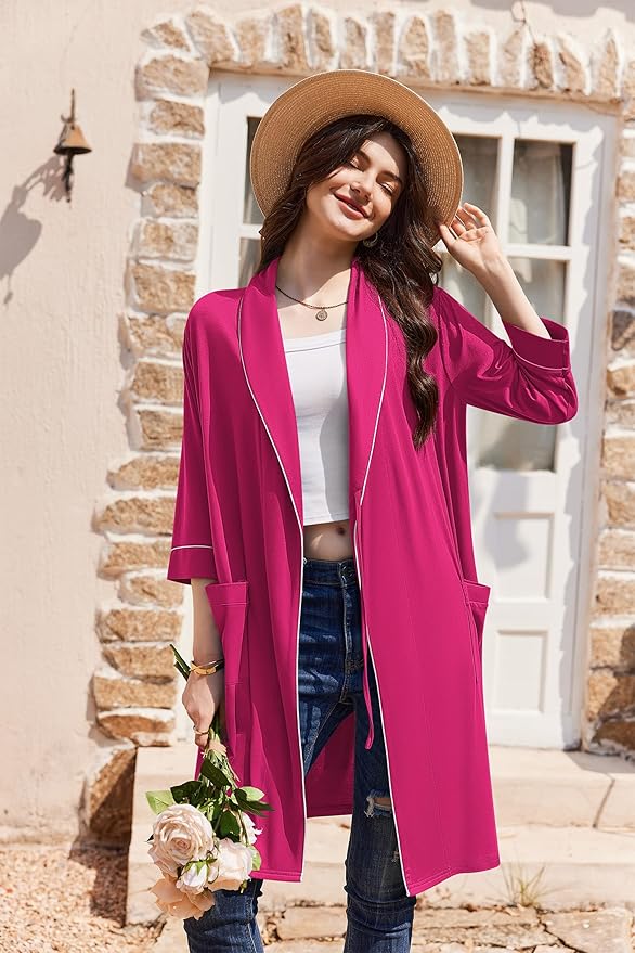 Ekouaer Women Robes Shawl Collar Bathrobe Short Kimono Robe Soft Knit Bathrobes Ladies Sleepwear with Pockets S-XXL
