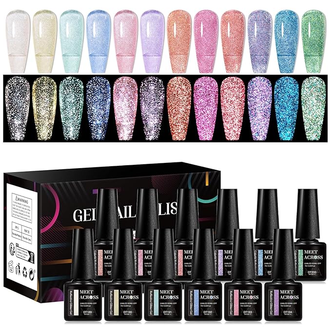 MEET ACROSS Reflective Glitter Gel Polish Jelly Purple Pink Glitter Sparkly Shiny Disco DJ LED Gel Nail Polish Nail Varnish 12PCS