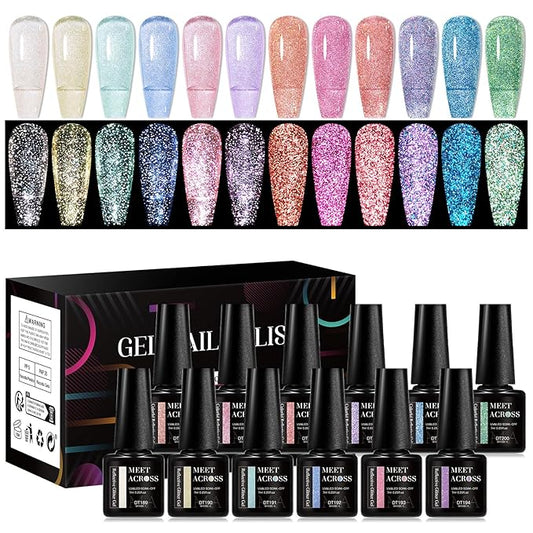 MEET ACROSS Reflective Glitter Gel Polish Jelly Purple Pink Glitter Sparkly Shiny Disco DJ LED Gel Nail Polish Nail Varnish 12PCS