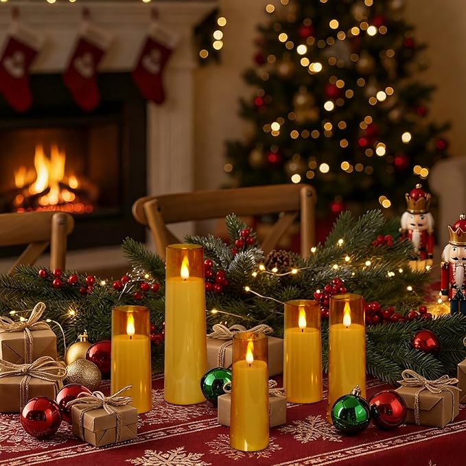 Amagic Flickering Flameless Candles, Battery Operated Candles, Amber Gold Acrylic LED Pillar Candles with Remote and Timer, 3D Wick, Yellow and Blue Glow, D2.2 xH5 5" 6" 7" 8", Set of 5