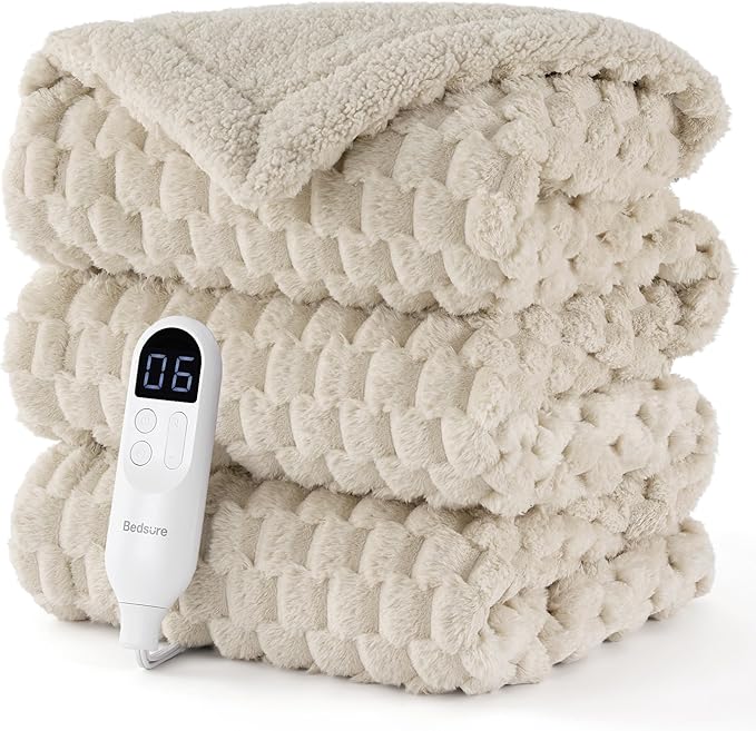 Bedsure Electric Blanket Twin Size - Super Soft Flannel Sherpa Heated Blanket with Bubble Pattern, Heating with 6 Heating Levels, 10 Time Settings, and 8-Hour Auto-Off (Light Brown, 62x84 inches)