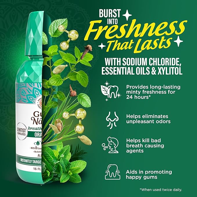 GuruNanda Fresh Breath Mouthwash, ADA-Accepted, Alcohol & Fluoride-Free, Sodium Chlorite, Essential Oils & Vitamins, 12-Hrs Fresh Breath, Wild Mint, 16 oz