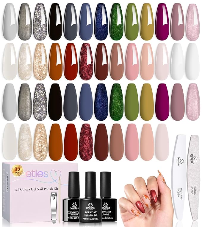 beetles Gel Polish Set - Winter Gel Nail Polish Kit Gilded Veil 25 Colors Black White Burgundy Blue Nude Grey Green Glitters UV Led Nail Polish with Top Base Coat Soak off Nail Art Gift for Women