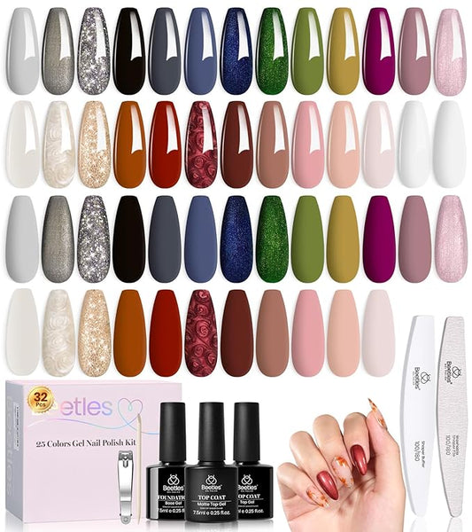 beetles Gel Polish Set - Winter Gel Nail Polish Kit Gilded Veil 25 Colors Black White Burgundy Blue Nude Grey Green Glitters UV Led Nail Polish with Top Base Coat Soak off Nail Art Gift for Women
