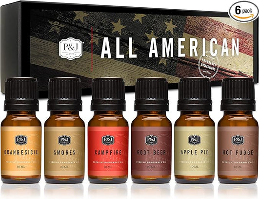P&J Trading Fragrance Oil All-American Set | Apple Pie, Hot Fudge, Campfire, Root Beer, Orangesicle, and Smores Candle Scents for Candle Making, Freshie Scent, Soap Making, Diffuser Oil Scents