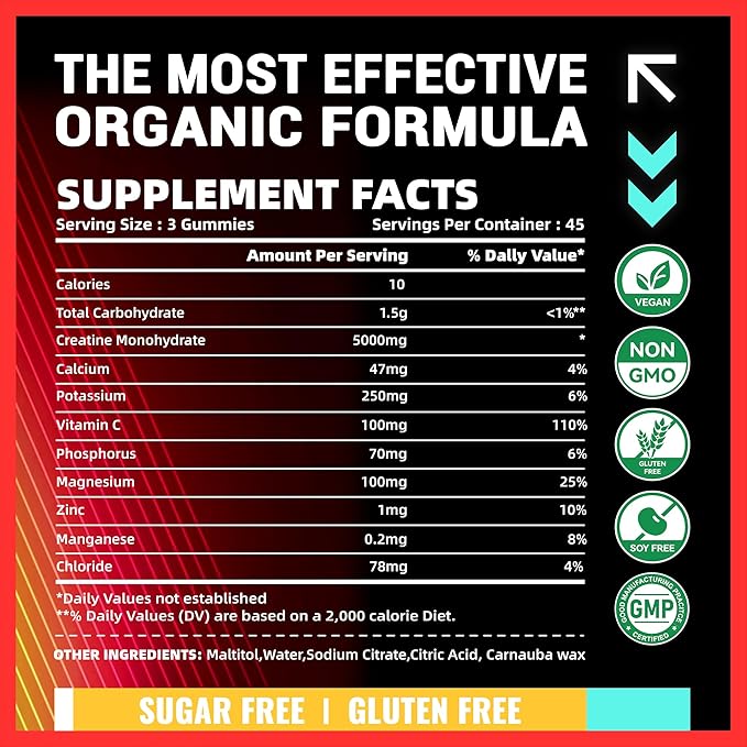 Creatine Monohydrate Gummies (5g) – Pre-Workout Energy & Muscle Growth Support for Men & Women | Strawberry Orange Electrolyte Gummies (135 Count)
