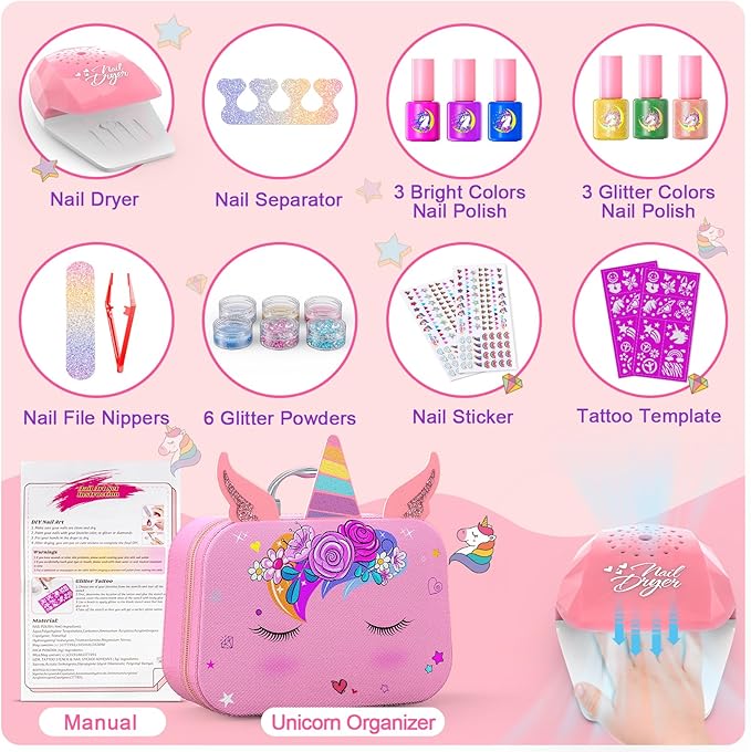 Kids Nail Polish Set for Girls, Nail Art Kit with Nail Dryer & DIY Nail Stickers, Nail Kit Toys for Girls with Non-Toxic Nail Polish, Age 3-12 Little Girl Gift Toys- Pink