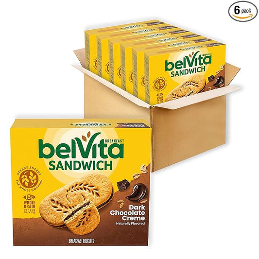 belVita Breakfast Bar Biscuit Sandwiches, Dark Chocolate Creme, 30 Total Packs, 6 Boxes (2 Biscuits Per Pack)