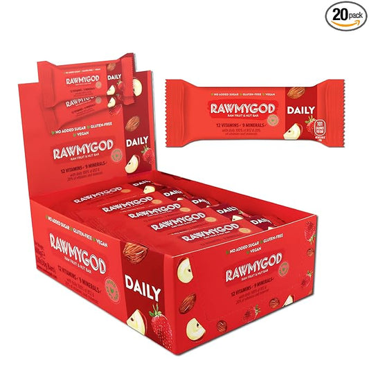 RAWMYGOD Fruit and Nut Bars, Gluten Free, Vegan, No Added Sugar (20 bars, Daily)
