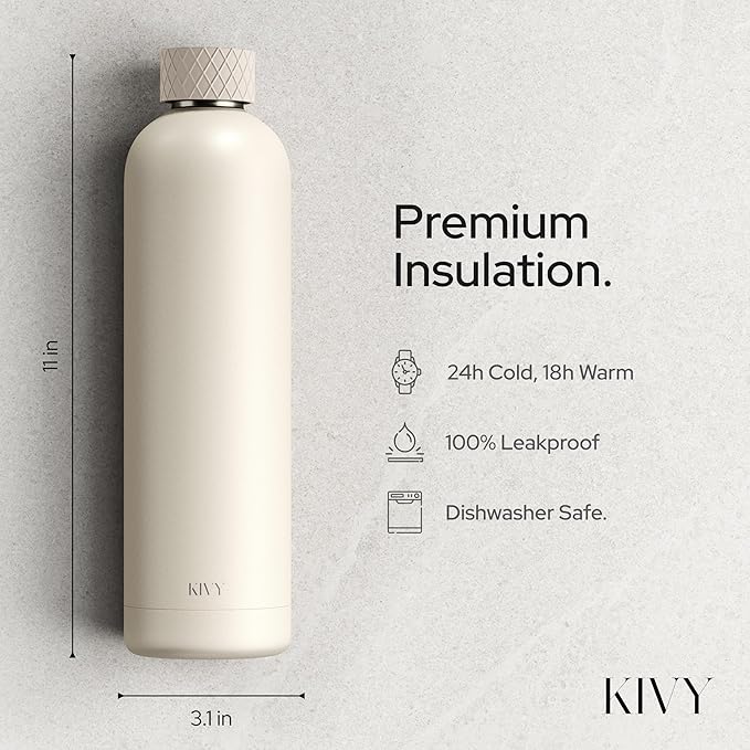 KIVY Insulated Water Bottle 32oz [LEAK PROOF] - Insulated Stainless Steel Water Bottle - Stainless Steel Drinking Water Bottle - Thermo Flask Drinking Bottle - BPA Free Water Bottle