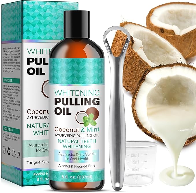 Coconut Oil Pulling for Fresh Breath and Oral Hygiene - Ayurvedic Expert Formulated | Supports Healthy Gums | Natural - Includes Tongue Scraper and Measuring Cup - 8 oz