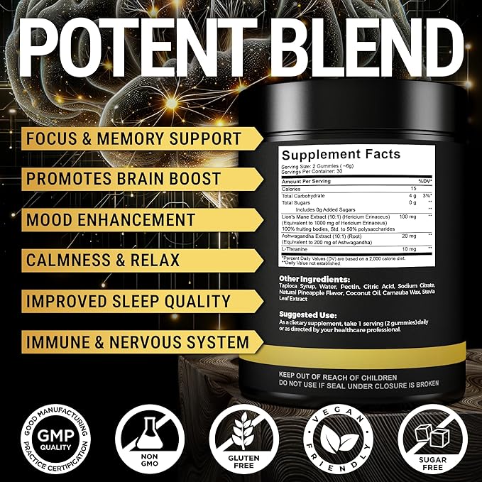 High Strength Extract Organic Lion's Mane Mushroom Gummies with Ashwagandha & L-Theanine - Potent Lion's Mane Brain Supplements for Memory & Relaxation - Mushroom Gummies for Focus