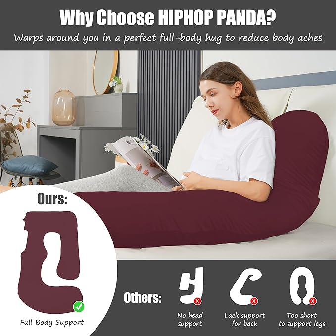 HIPHOP PANDA U-Shaped Pregnancy Pillow for Sleeping - Full Body Maternity Support Pillow with Cooling Removable Cover - Comfort for Back, HIPS, Legs, Belly - 57 Inch for Pregnant Women, Burgundy