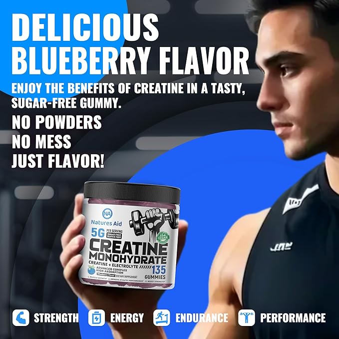 Natures Aid Creatine Monohydrate Gummies (5g) – Pre-Workout Energy & Muscle Growth Support for Men & Women | Blueberry Electrolyte Gummies (135 Count)